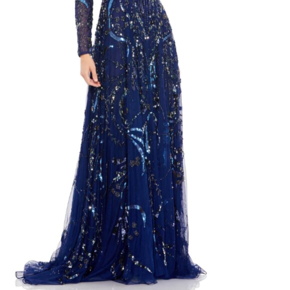 MAC DUGGAL 5217 LONG SLEEVE EMBELLISHED ILLUSIONS MIDNIGHT NAVY GOWN sz 16 - Picture 3 of 6